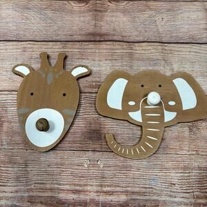 Wooden Animal Nursery Wall Hooks - Giraffe and Elephant